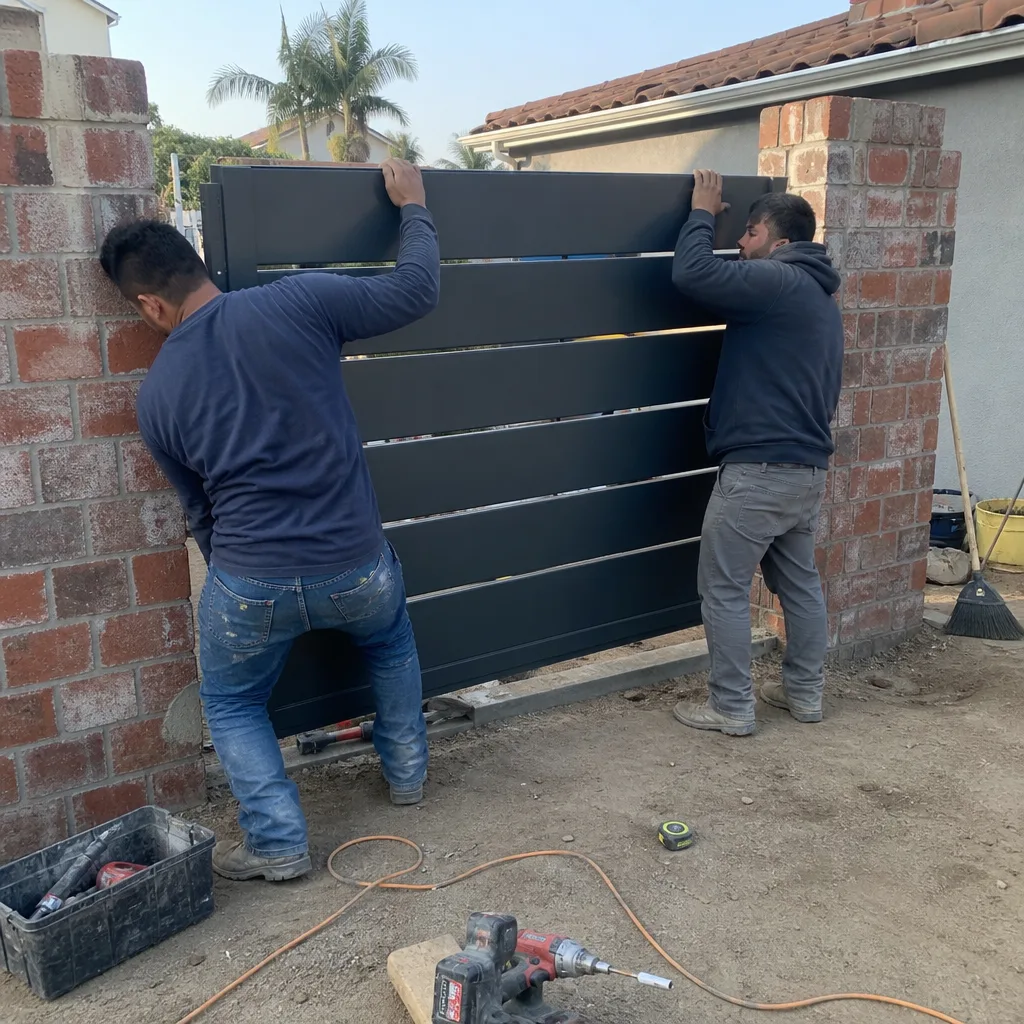 Two professional workers installing a modern metal horizontal slat gate