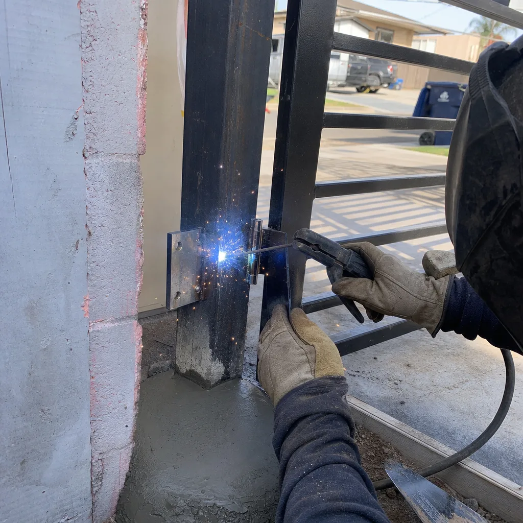 Professional welder installing a metal gate hinge onto a steel post