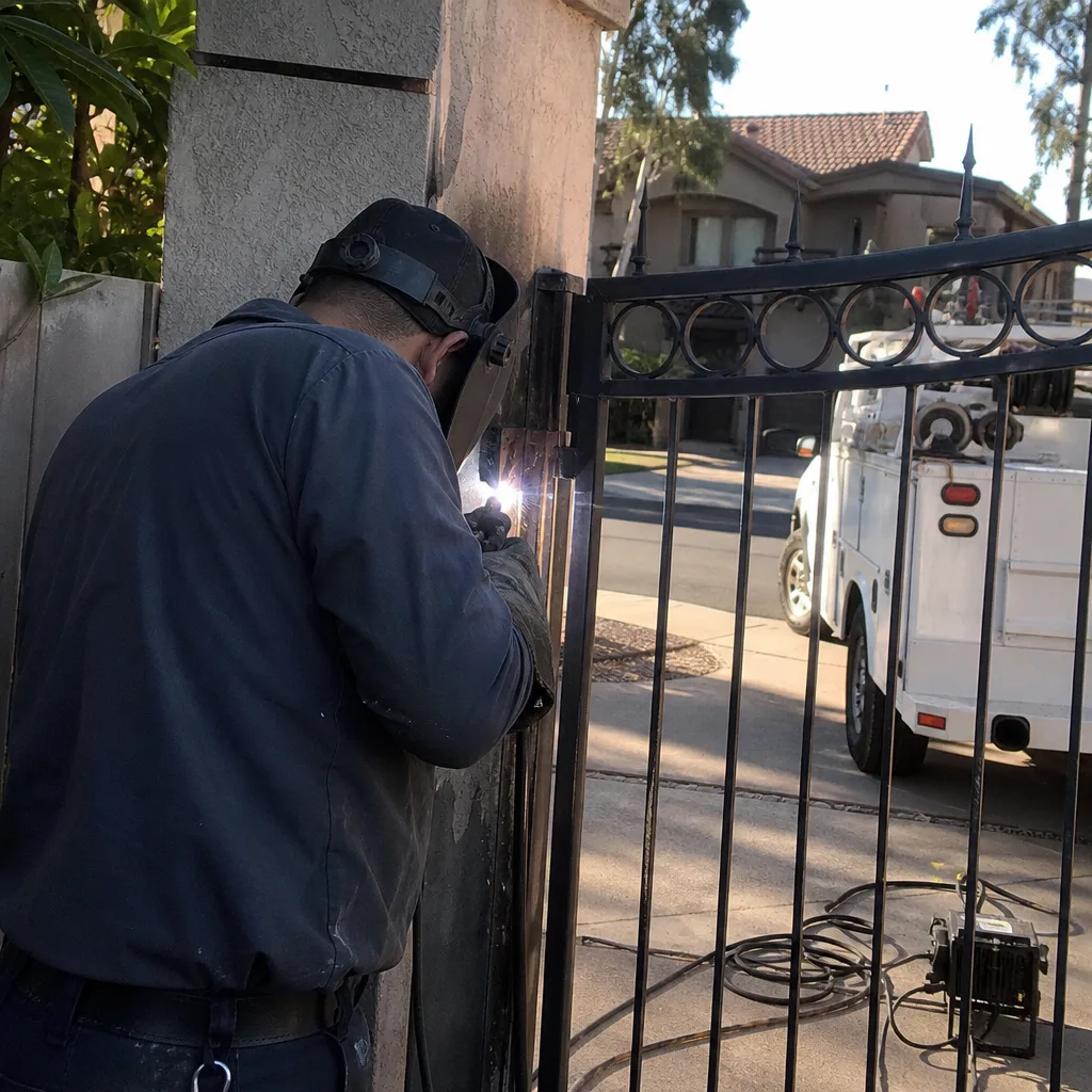 Professional welder performing residential gate repair and ironwork service